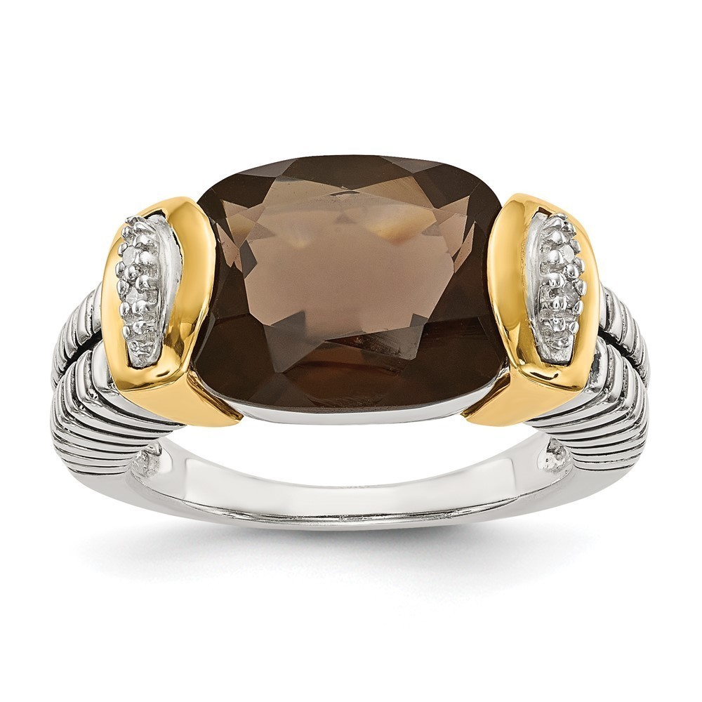 925 SS w 14K acct Antiqued Cushion Checkerboard Smoky Quartz & Diamond Ring